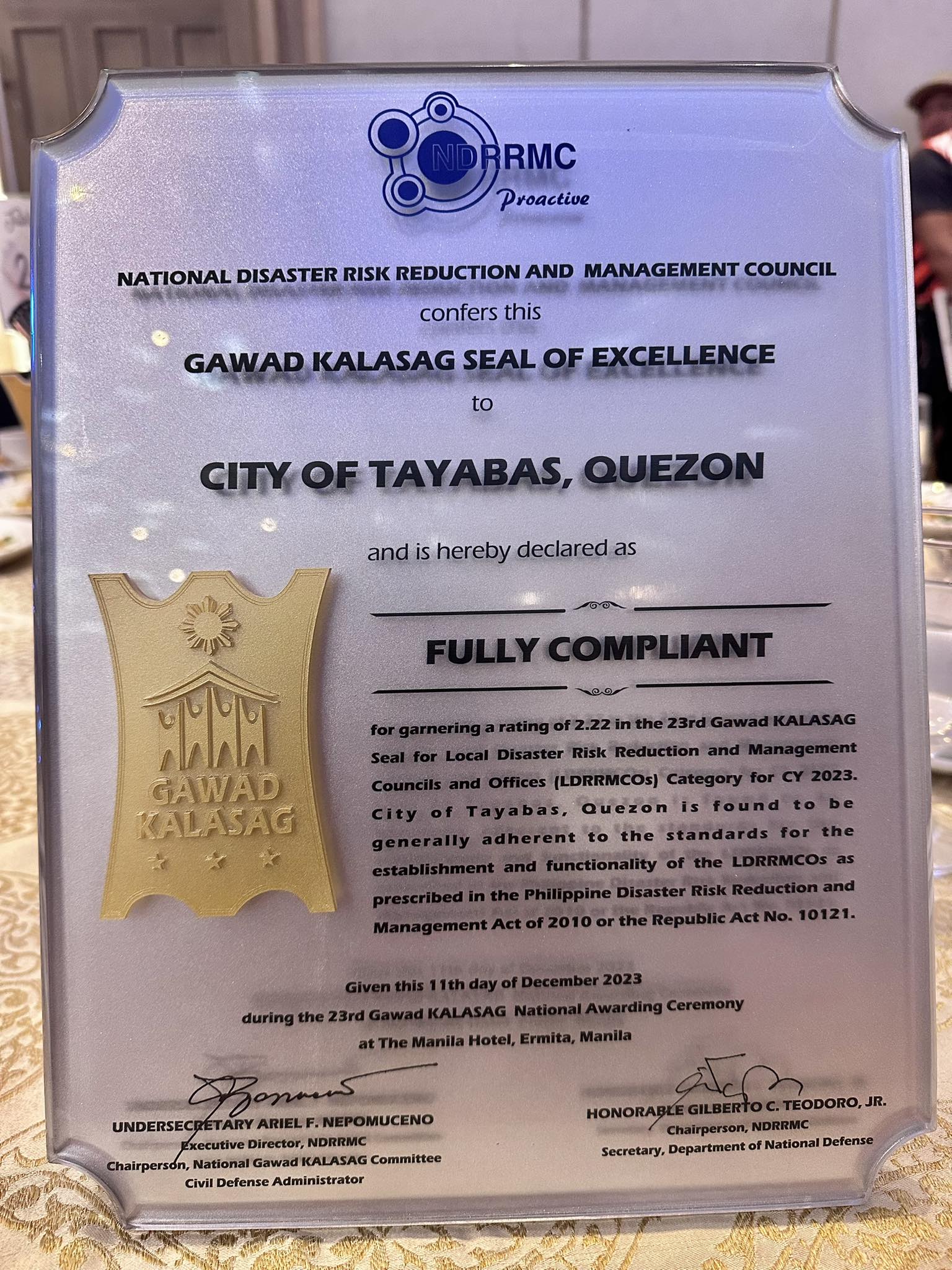 GAWAD KALASAG SEAL OF EXCELLENCE TO CITY OF TAYABAS AS FULLY COMPLIANT ...